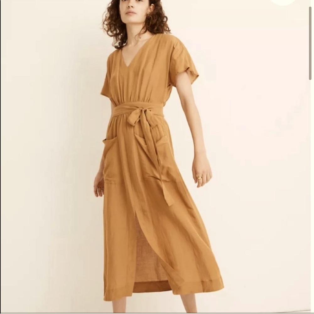 Madewell Linen Blend Dolman Sleeve Tie Waist Midi Dress